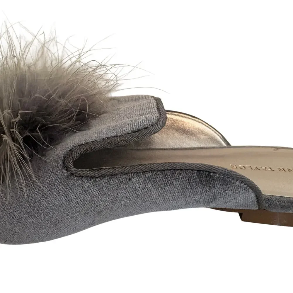 Ann Taylor Verena Grey Velvet Feather Pom Pom Mules Flat Slides Glam Statement